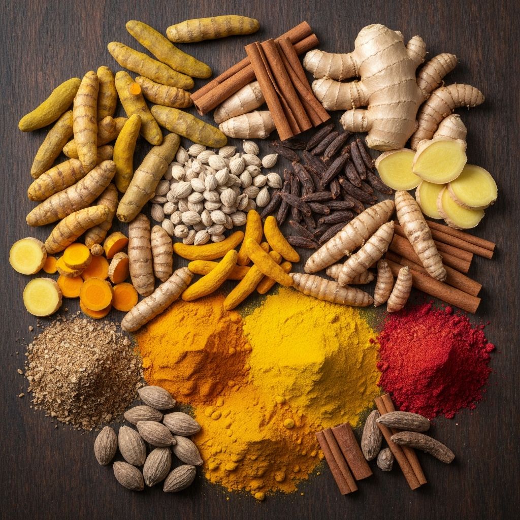 Diverse colorful spices and roots emphasizing natural plant diversity